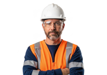 A serious construction worker wearing a white hard hat and orange safety vest with arms crossed isolated on transparent background