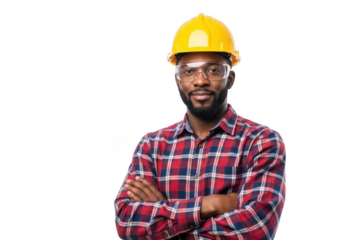 A confident black construction worker wearing a yellow hard hat and safety glasses with arms crossed isolated on transparent background