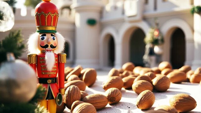 A charming Nutcracker soldier guards walnuts and a whimsical castle. 