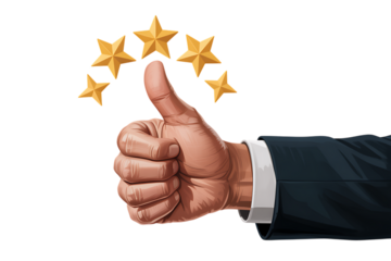 Magnificent five star rating achievement with confident businessman hand giving thumbs up gesture against dark background