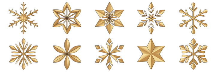  Stunning collection of ten diverse golden snowflake and star icons perfect for luxurious winter holiday and Christmas design projects