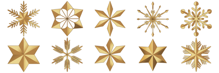 Stunning collection of ten diverse golden star and intricate snowflake designs perfect for elegant holiday decorations and festive branding