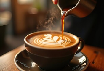 Elegant Steaming Coffee Escape with Intricate Latte Art Pattern Delightful Warmth Edges Contrast Flavor Palette
