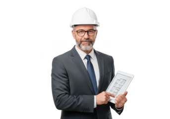 Professional male architect wearing white hard hat and suit holding building plans isolated on transparent background
