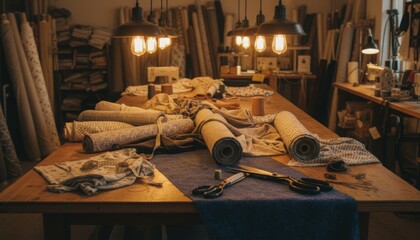A creative textile workshop table covered with various fabric rolls sewing tools and warm lighting that highlights the artistic atmosphere of a busy crafting space