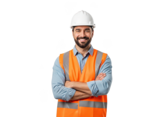 Smiling construction worker wearing a white hard hat and an orange reflective vest with arms crossed isolated on transparent background