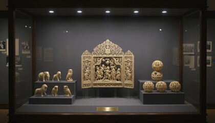 Exhibit display case presenting a collection of carved ivory animal figures and ornate panels arranged with museum lighting emphasizing artistry craftsmanship and historical cultural value