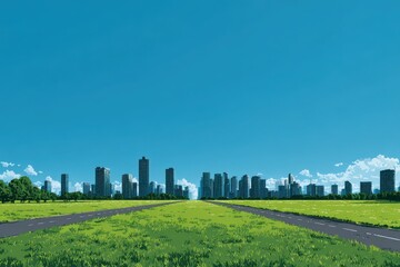 Fototapeta premium Urban Oasis: Scenic Skyline Overlooking a Verdant Lawn with Clear Blue Skies