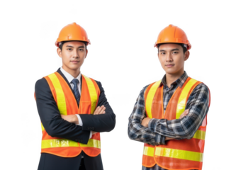 Two young male construction workers wearing hard hats and high visibility vests with arms crossed isolated on transparent background