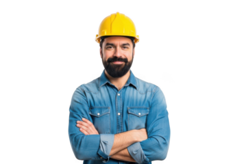 A skilled construction worker with a beard wearing a yellow hard hat and blue denim shirt with arms crossed isolated on transparent background