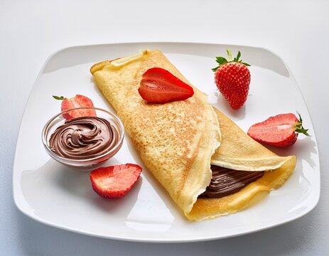 golden french crepe folded with rich nutella chocolate spread and fresh strawberry slices on pristine white background - Powered by Adobe
