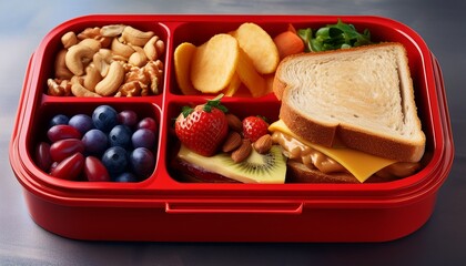vibrant red lunchbox packed with fresh peanut butter jelly sandwich and colorful snacks for school day