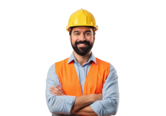Smiling bearded construction worker wearing yellow hard hat and orange safety vest with arms crossed isolated on transparent background