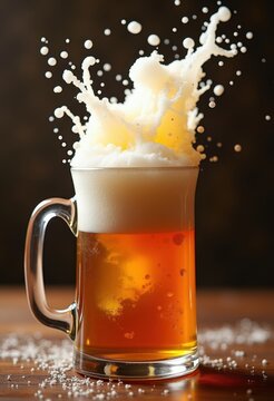 Sake Bomb Splash Amidst Robotic Beer Mug Impact Burst