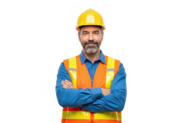 Mature bearded construction worker wearing yellow hard hat and orange reflective safety vest arms crossed isolated on transparent background