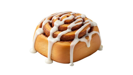 Cinnamon Roll Product Shot with White Icing Drizzle Isolated on White Background