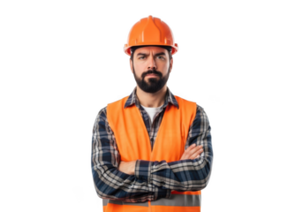 Serious bearded construction worker wearing orange hard hat and reflective vest arms crossed isolated on transparent background