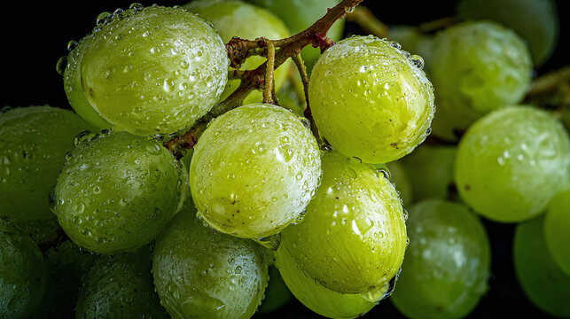 A close-up shot of juicy green grapes, glistening with water droplets, ready to be enjoyed