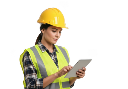 Focused female construction worker wearing a yellow hard hat and high visibility vest using a tablet computer isolated on transparent background - Powered by Adobe