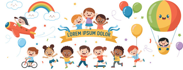 Cartoon children playing outdoors illustration, fun activities, bicycle, skateboard, airplane, hot air balloon, celebration, diversity, vector graphic, joy