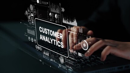 Hands typing on laptop with customer analytics displayed on screen, showcasing digital data visualization and modern technology concepts. Asymptotic smart data analytic. - Powered by Adobe
