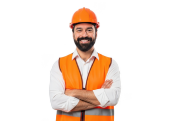 Smiling construction worker wearing an orange hard hat and safety vest with arms crossed isolated on transparent background