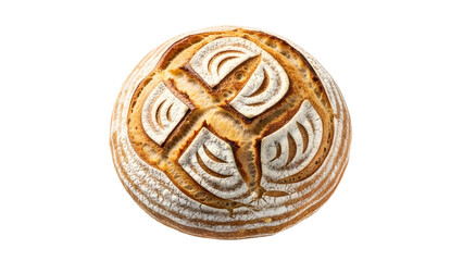Top View of Crusty Sourdough Bread Loaf Product Shot, Flour Dusted, Isolated on White Background