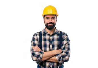 A confident bearded construction worker wearing a yellow hard hat and plaid shirt with suspenders arms crossed isolated on transparent background