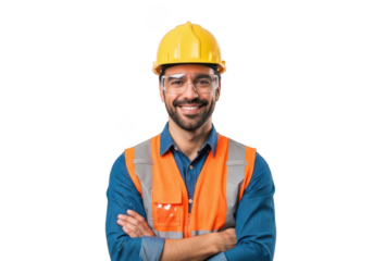 Smiling construction worker wearing a yellow hard hat and orange safety vest with arms crossed isolated on transparent background