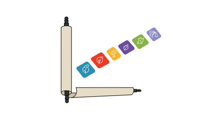 Scroll with colorful icons representing various concepts.