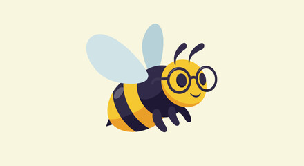 Smart bee wearing glasses, focused on its work, flying around.