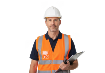 A smiling construction worker wearing a white hard hat and bright orange safety vest holding a clipboard isolated on transparent background