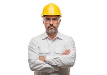 Serious bearded man wearing yellow hard hat and white collared shirt with arms crossed isolated on transparent background
