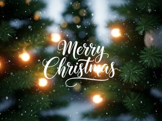 Merry Christmas text with falling snow and blurred Christmas tree background. Winter holiday greeting card for seasonal celebration.