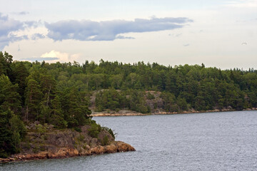 Stone cliffs of Scandinavia. Shores of the islands of the Stockholm archipelago, Sweden.
