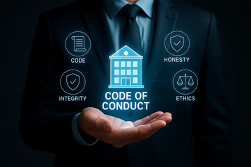 A businessman with a code of conduct in hand for the concept of ethics and business.