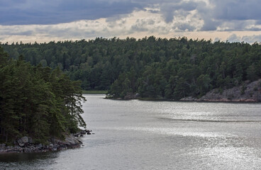 Stone cliffs of Scandinavia. Shores of the islands of the Stockholm archipelago, Sweden.