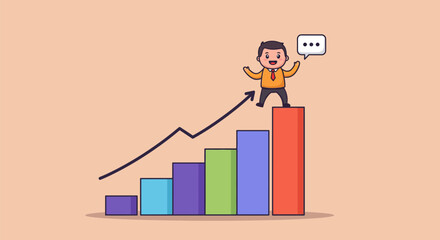 Successful businessman celebrating achievement on rising financial graph.