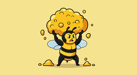 Strong bee carrying a large honeycomb with determination and effort.