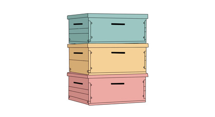 Three colorful storage boxes stacked on top of each other in a neat arrangement.