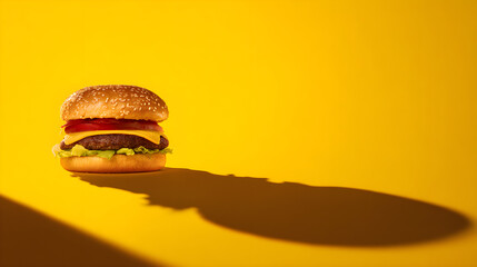 Delicious Cheeseburger with Long Shadow on Yellow Background