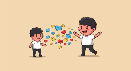 Two cartoon characters interacting with speech bubbles, communication concept.