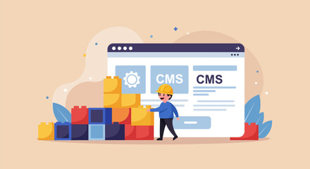 Website development concept with CMS and construction worker.