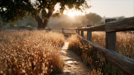 Scenic countryside landscape with a rustic wooden fence running along a dirt path. Golden sunset light illuminating dry grass in a meadow with a large tree in the blurred background. Rural farm concep