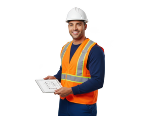 Smiling male construction worker wearing a white hard hat and bright orange safety vest holding blueprints isolated on transparent background