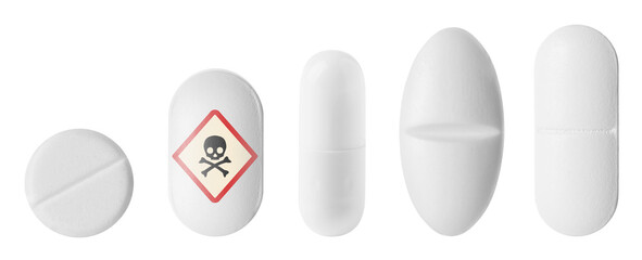 Poisonous medicine. Skull and crossbones symbol on one of pills, white background