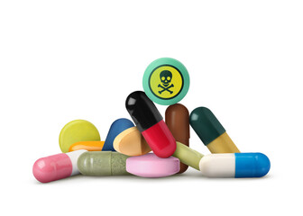 Poisonous medicine. Skull and crossbones symbol on one of pills, white background