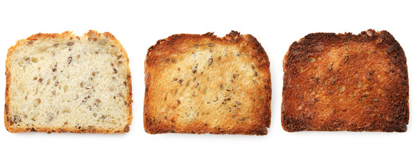 Toasts of different degrees of browning isolated on white, collection