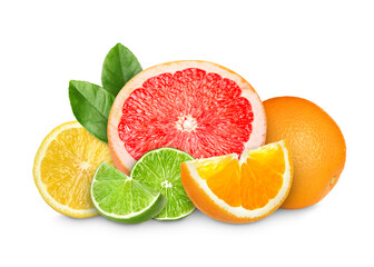 Citrus fruits isolated on white. Fresh oranges, lemon, lime and grapefruit