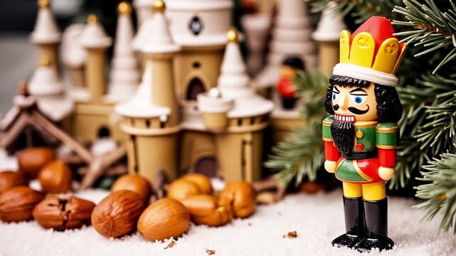 A charming Nutcracker soldier guards walnuts and a whimsical castle. 